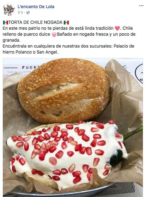 La Torta de Chile en Nogada no podía faltar. (Foto: Facebook/@L'encanto De Lola)